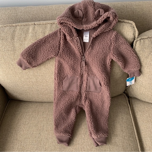 NEW Carters Baby Boys Teddy Bear One Piece Brown Hooded Sherpa Fleece 6 Months - Picture 10 of 10